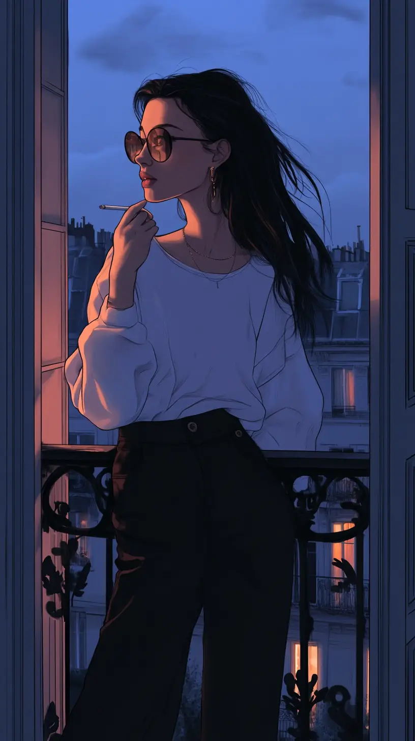 Junge Frau raucht nachts auf einem Balkon in Paris