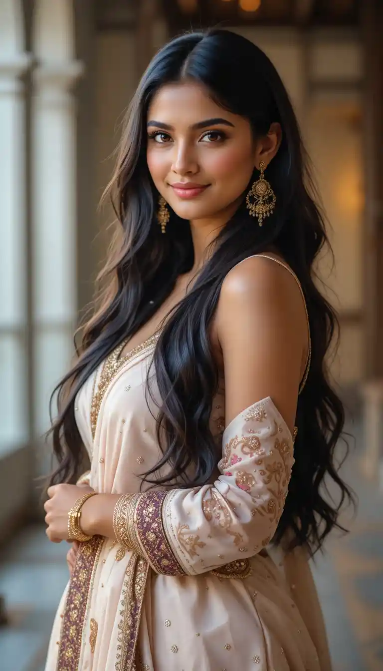 Elegante mulher indiana sorrindo com longos cabelos escuros esvoaçantes