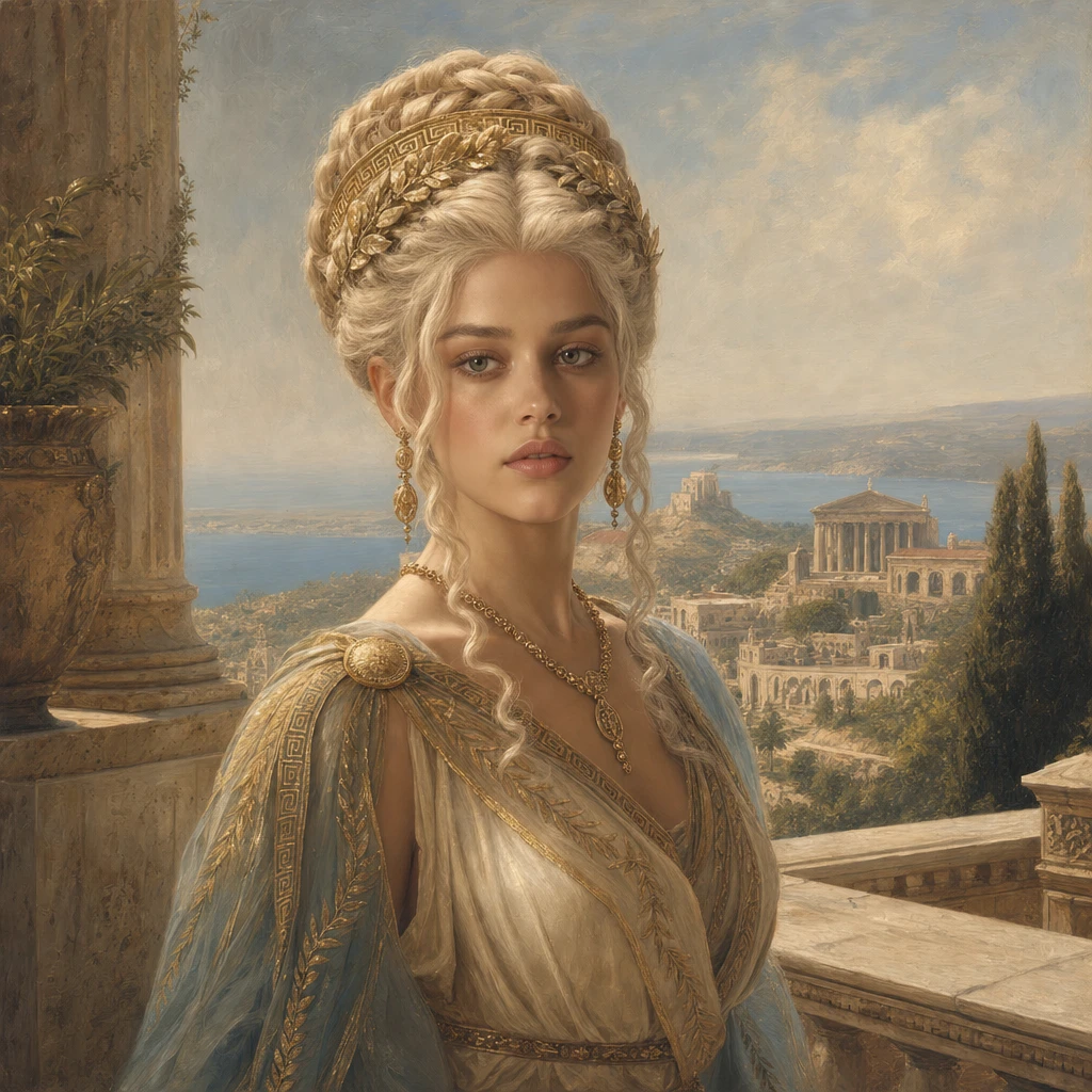 Elegante mulher romana em um terraço em suave pintura a óleo