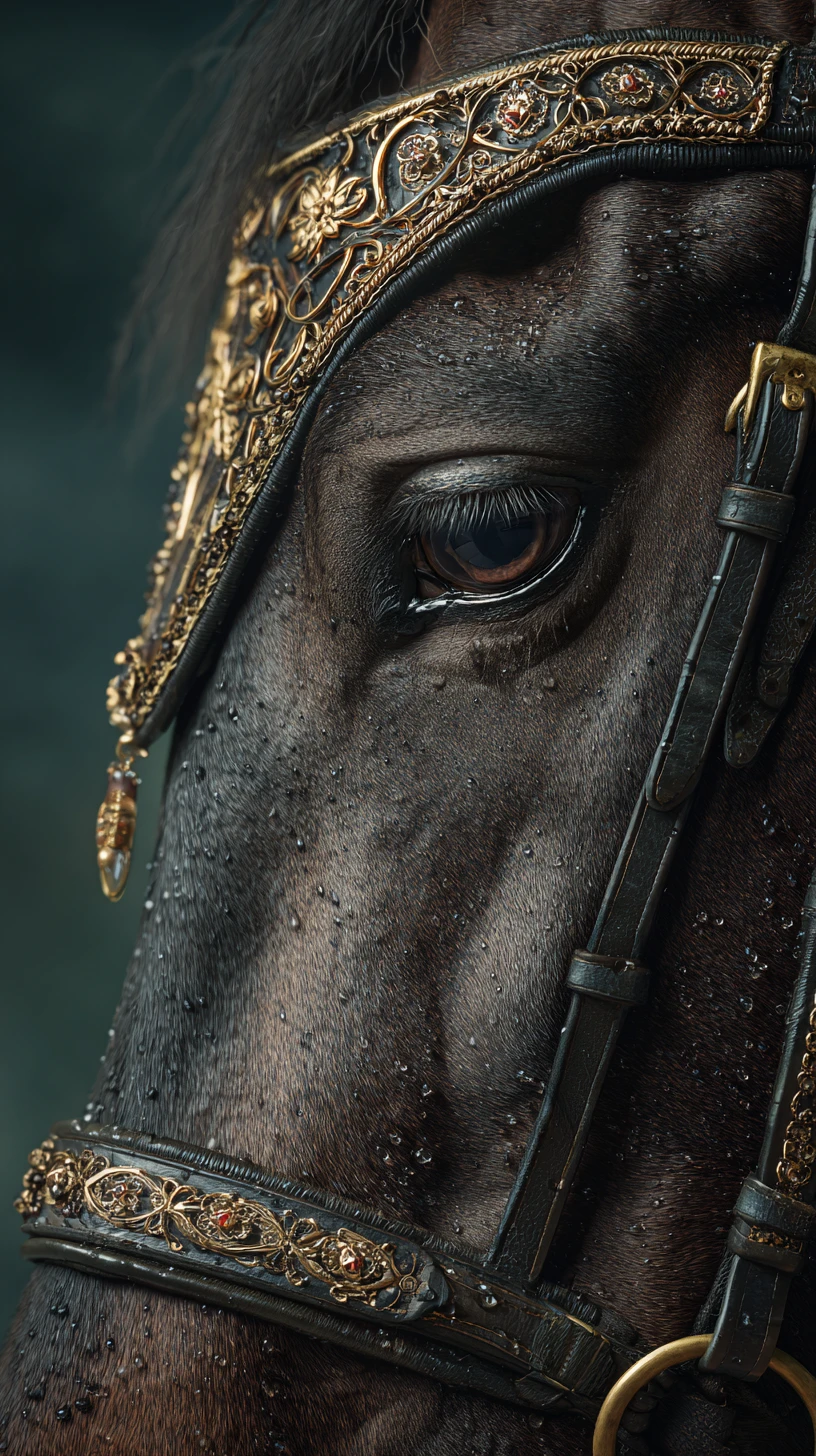 Retrato dramático em close de um cavalo castanho-escuro