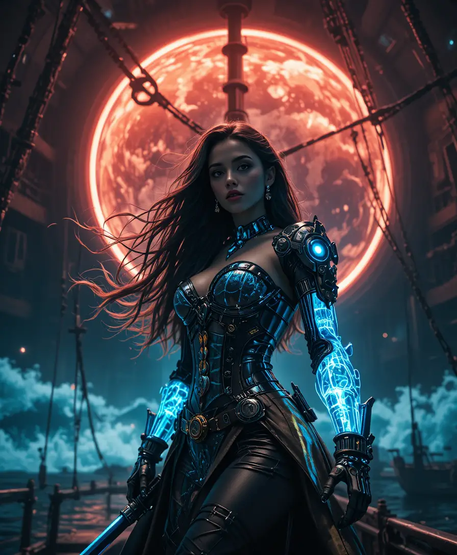 Cybernetic pirate princess on a neon biomechanical galleon