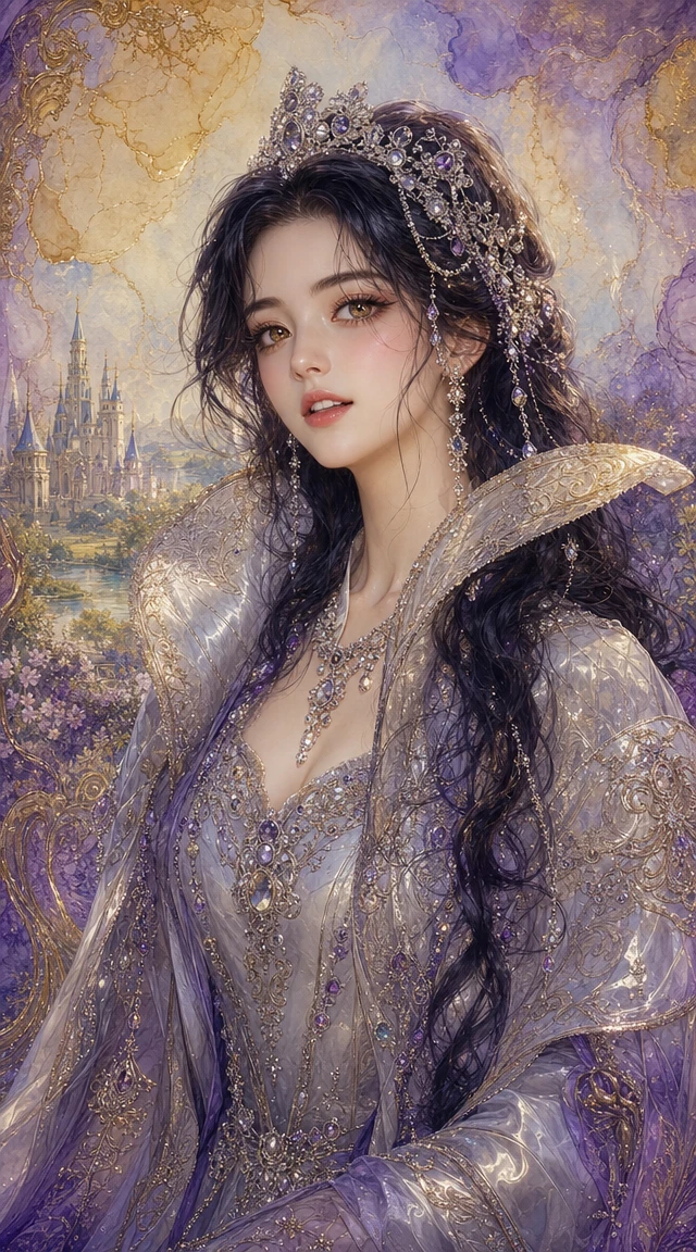 Portrait de princesse fantastique en robe argentée sertie de bijoux