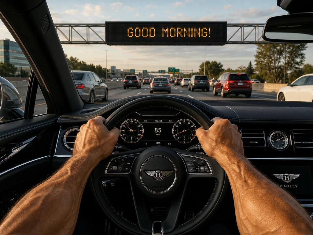 Fahrt auf einer vollen Autobahn auf ein leuchtendes Verkehrsschild zu