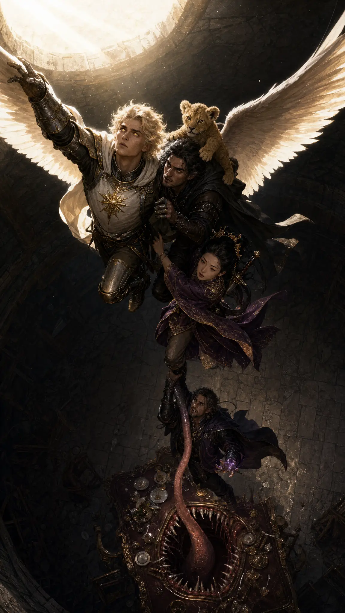 Winged paladin carrying companions upward through sunlit chamber