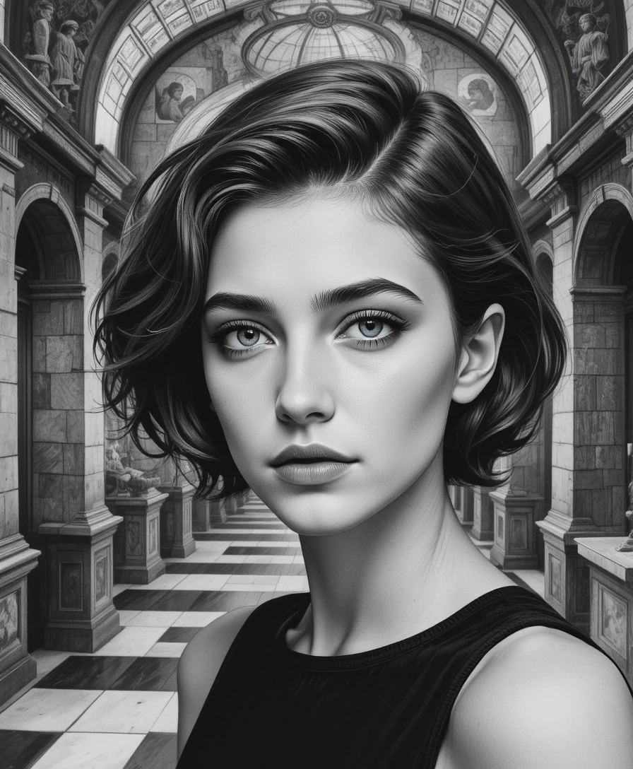 Portrait d’une jeune Italienne avec arrière-plan architectural surréaliste