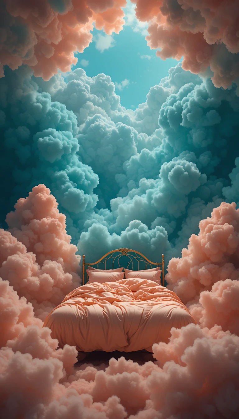 Letto da sogno che fluttua tra nuvole color teal e pesca