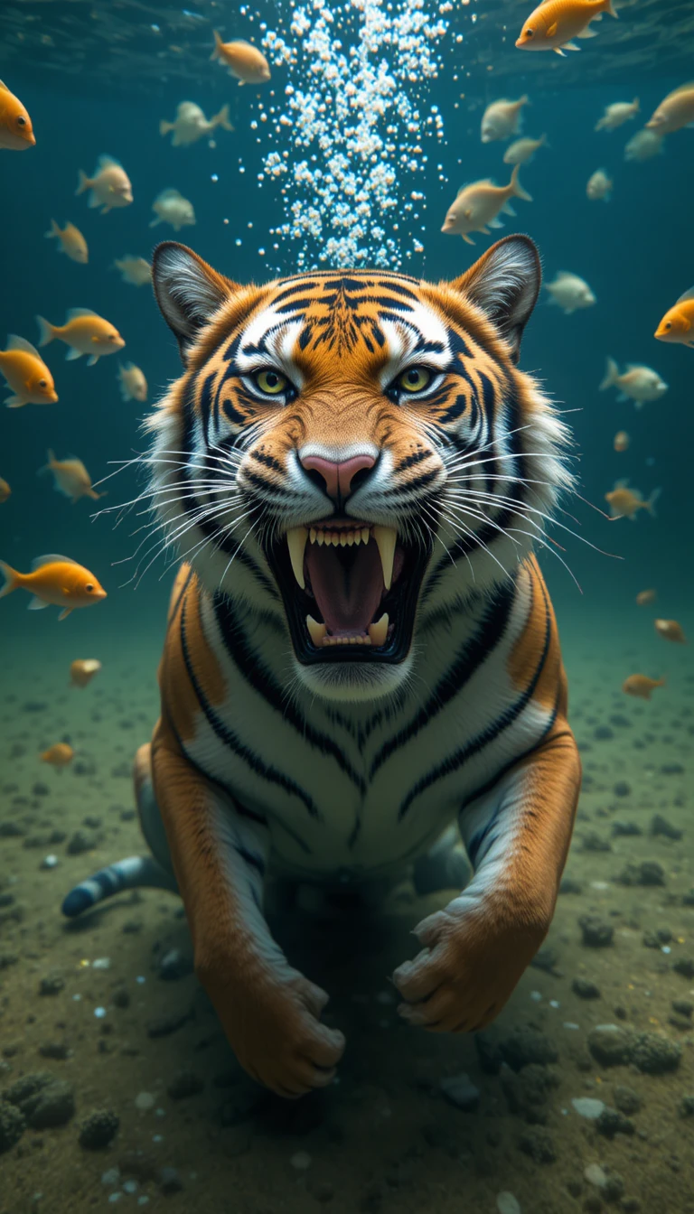 Tigre de Bengala mostrando sus afilados dientes en agua verde turbia