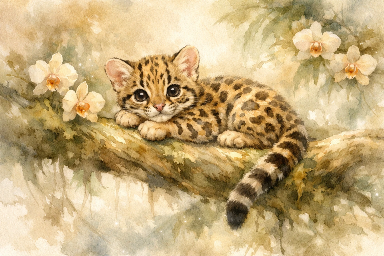 Filhote de ocelote em aquarela sonhadora descansando em galho na selva