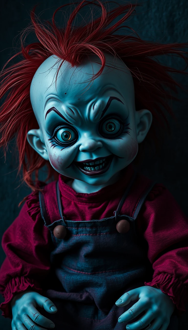 Boneca infantil assustadora com cabelo ruivo selvagem e sorriso sinistro