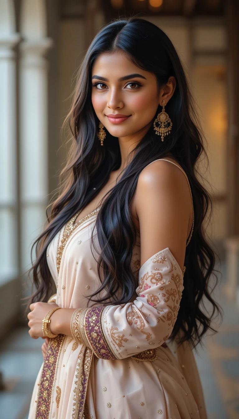Elegante mulher indiana sorrindo com longos cabelos escuros esvoaçantes
