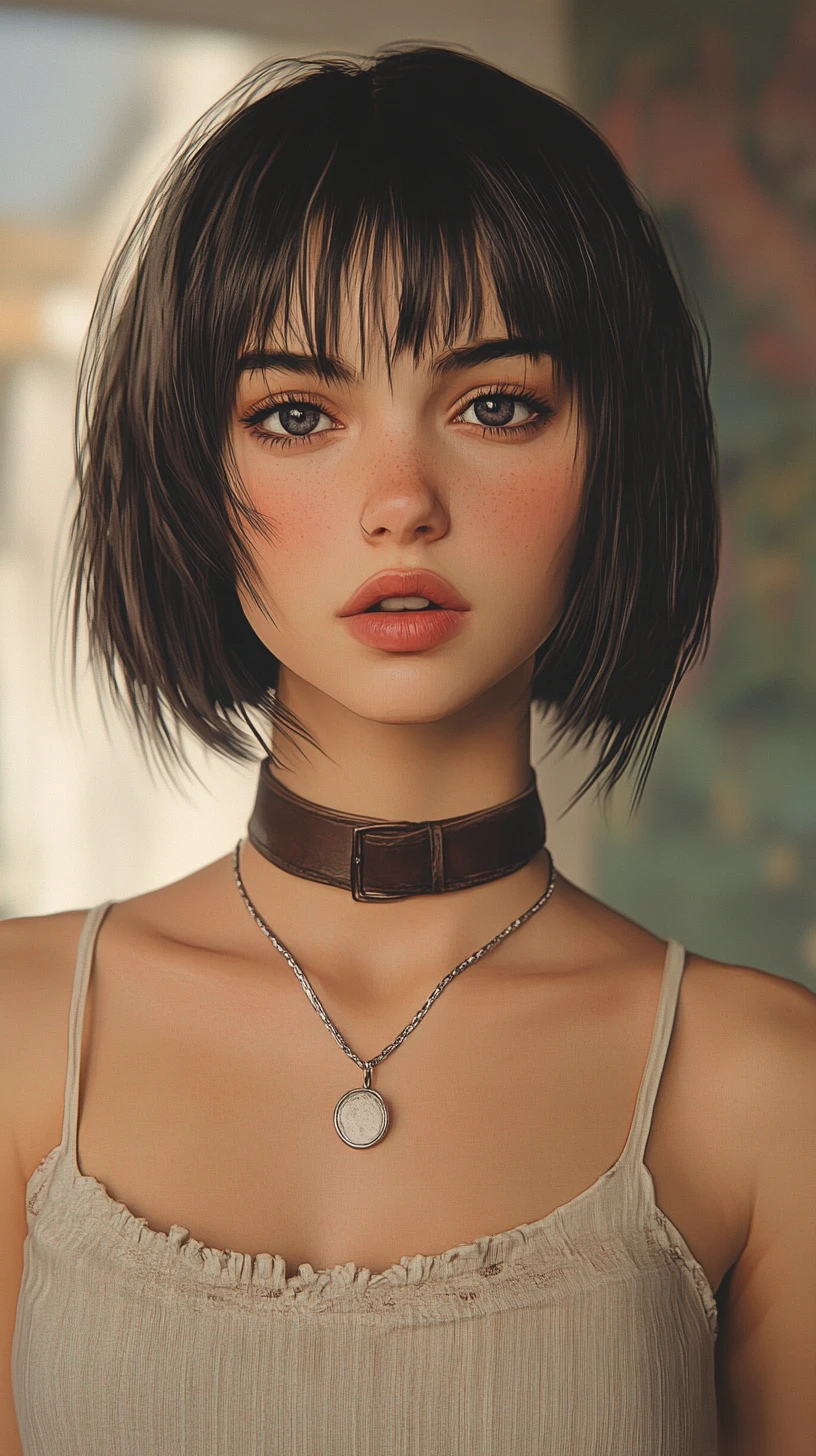 Contemplative anime girl portrait with choker necklace