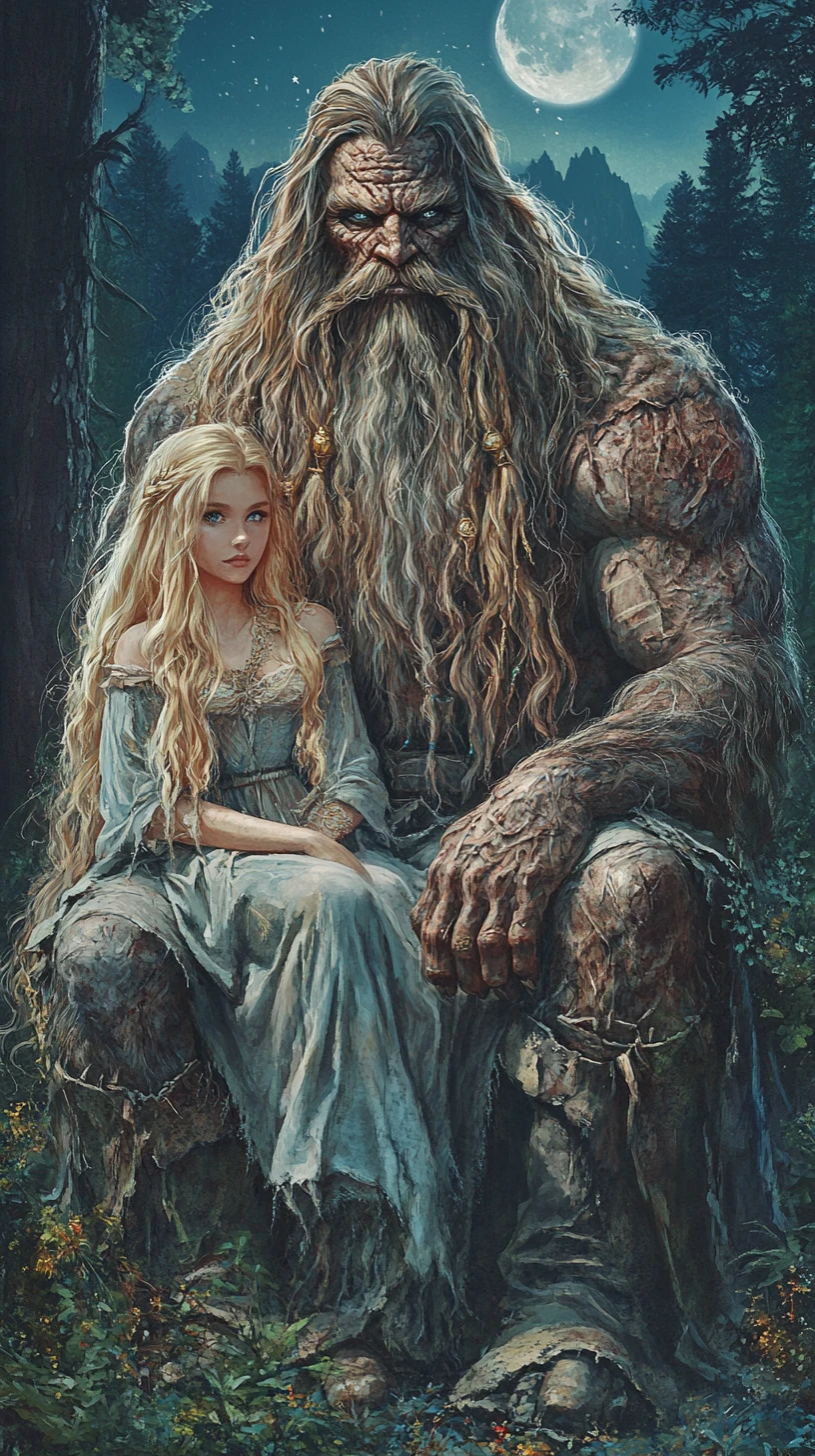 Moonlit giant holding a tiny princess in the forest