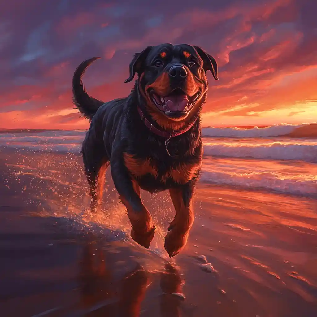 Rottweiler running along a golden beach at sunset