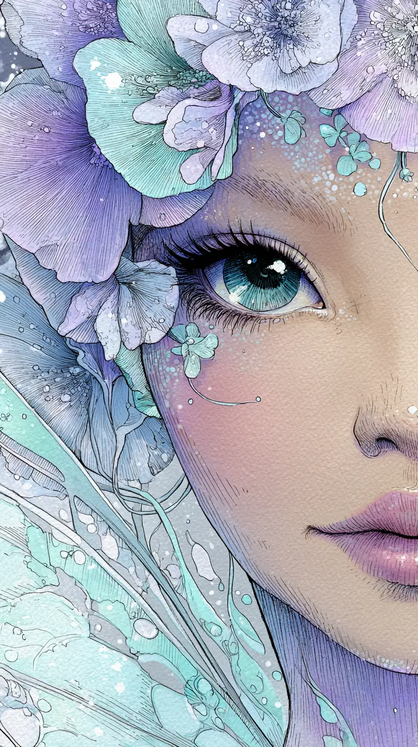 Close up fairy portrait with emerald eyes and floral crown
