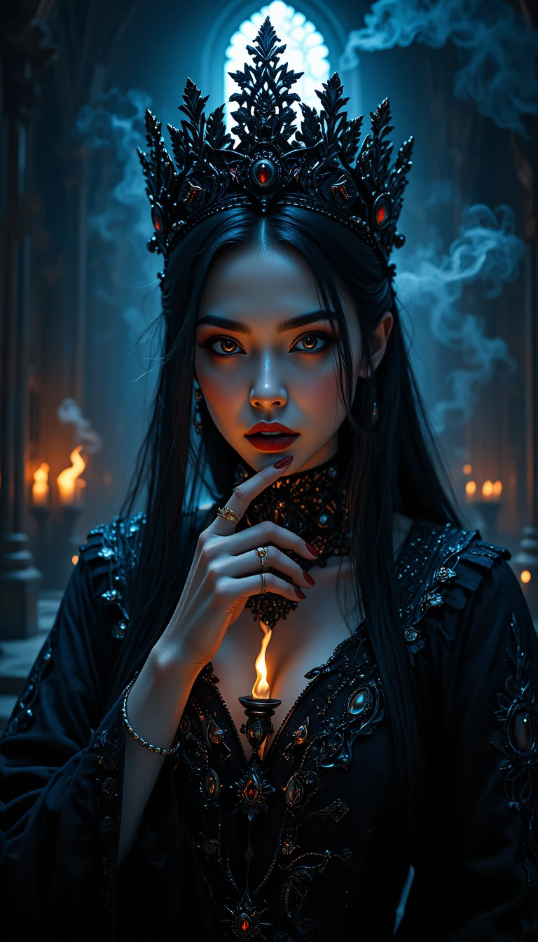 Imperatriz gótica sedutora em retrato de catedral abandonada