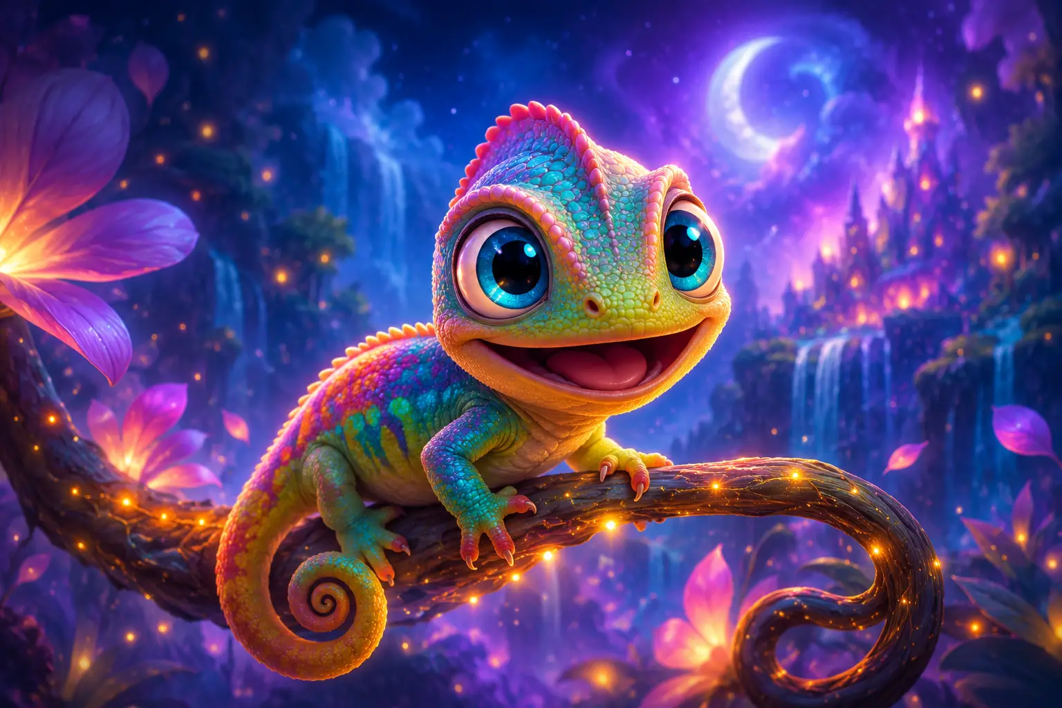 Niedliches Baby-Chamäleon auf leuchtendem Ast im Pixar-Stil