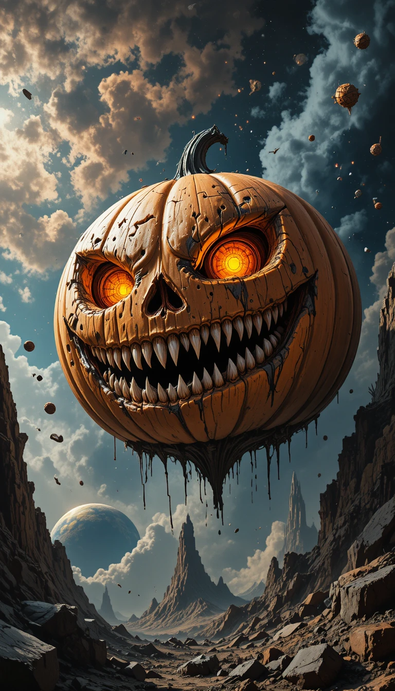 Gigantesca abóbora de Halloween quebrada flutuando no espaço profundo