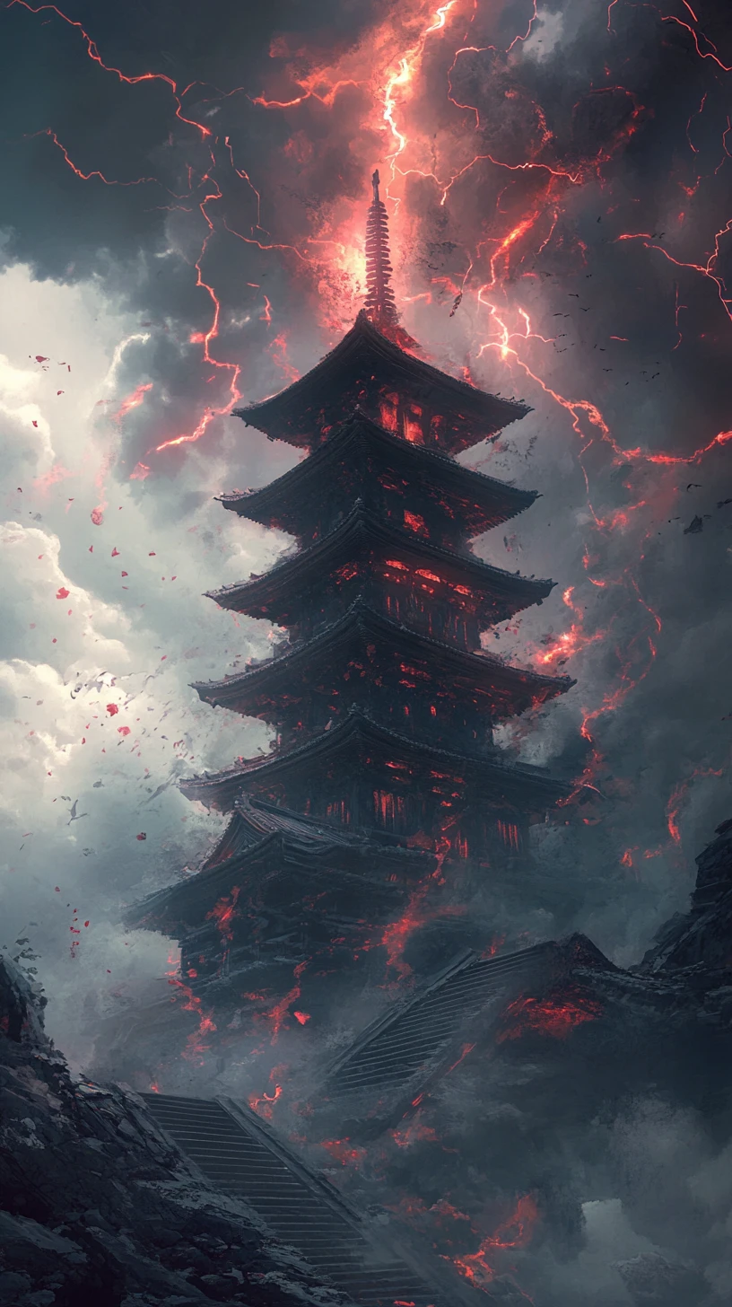 Antiga pagoda japonesa envolta em energia carmesim em espiral