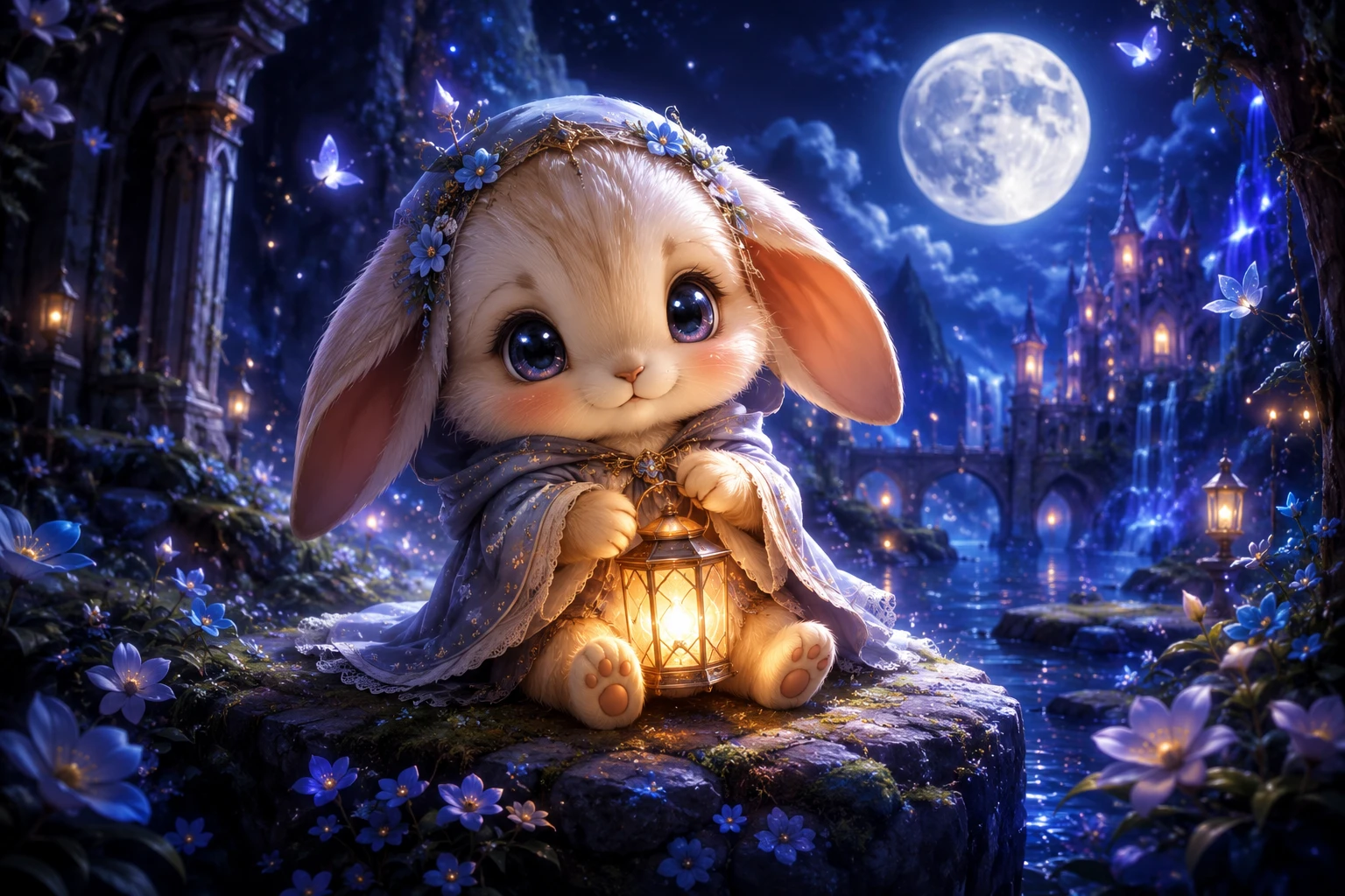 Coelhinho chibi com lanterna sentado em pedra coberta de musgo à noite