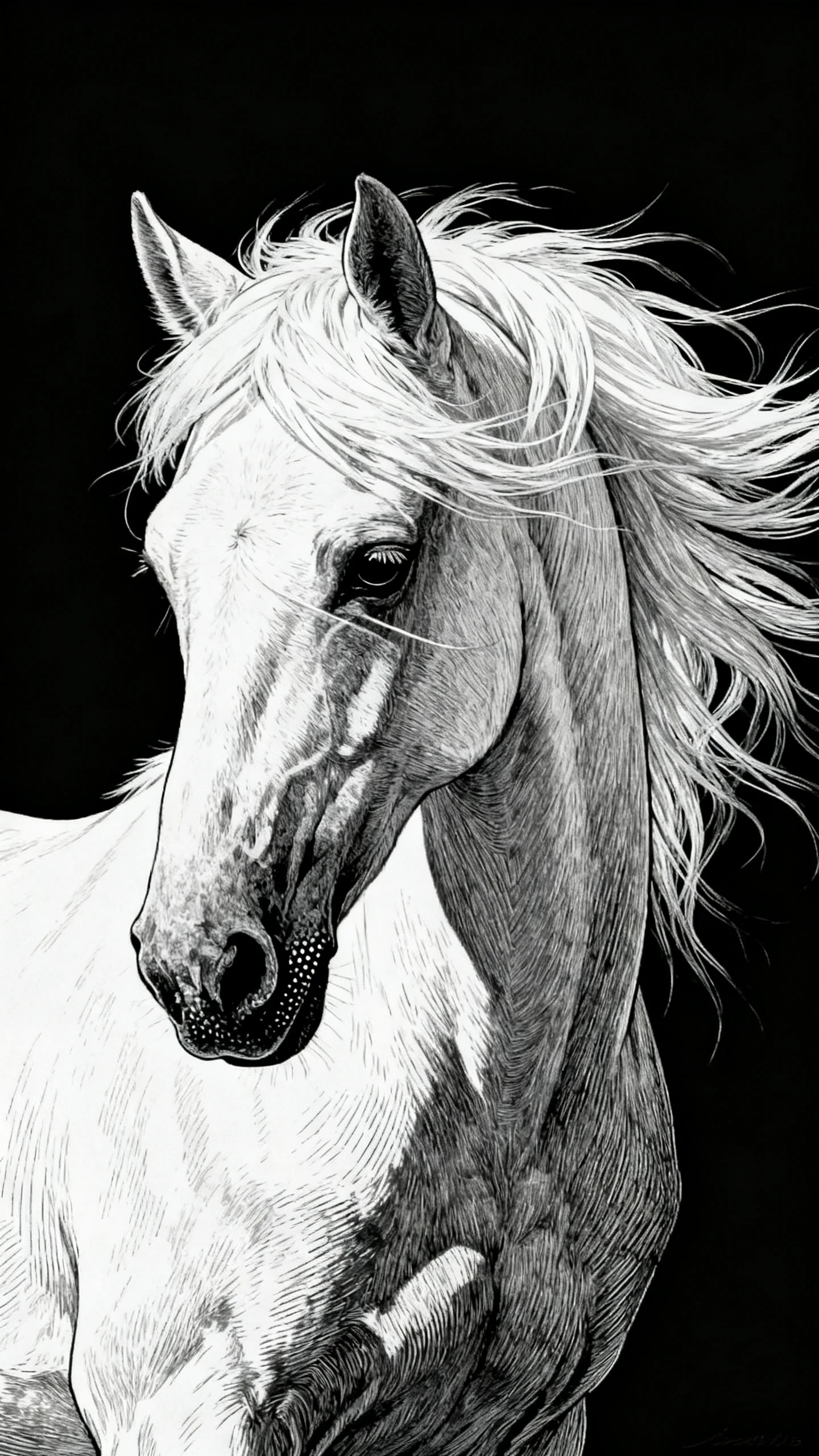 Retrato em scratchboard de cavalo árabe branco com crina esvoaçante