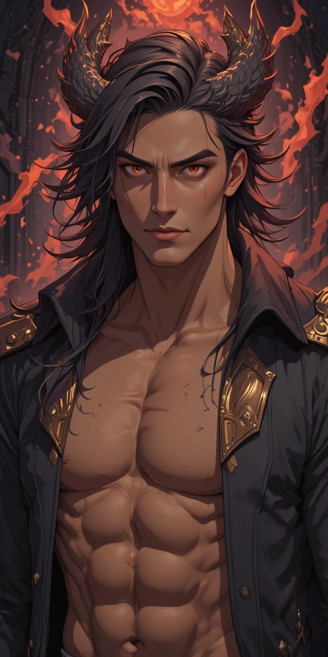 Guerrier d’anime musclé avec cornes, yeux dorés et manteau sombre