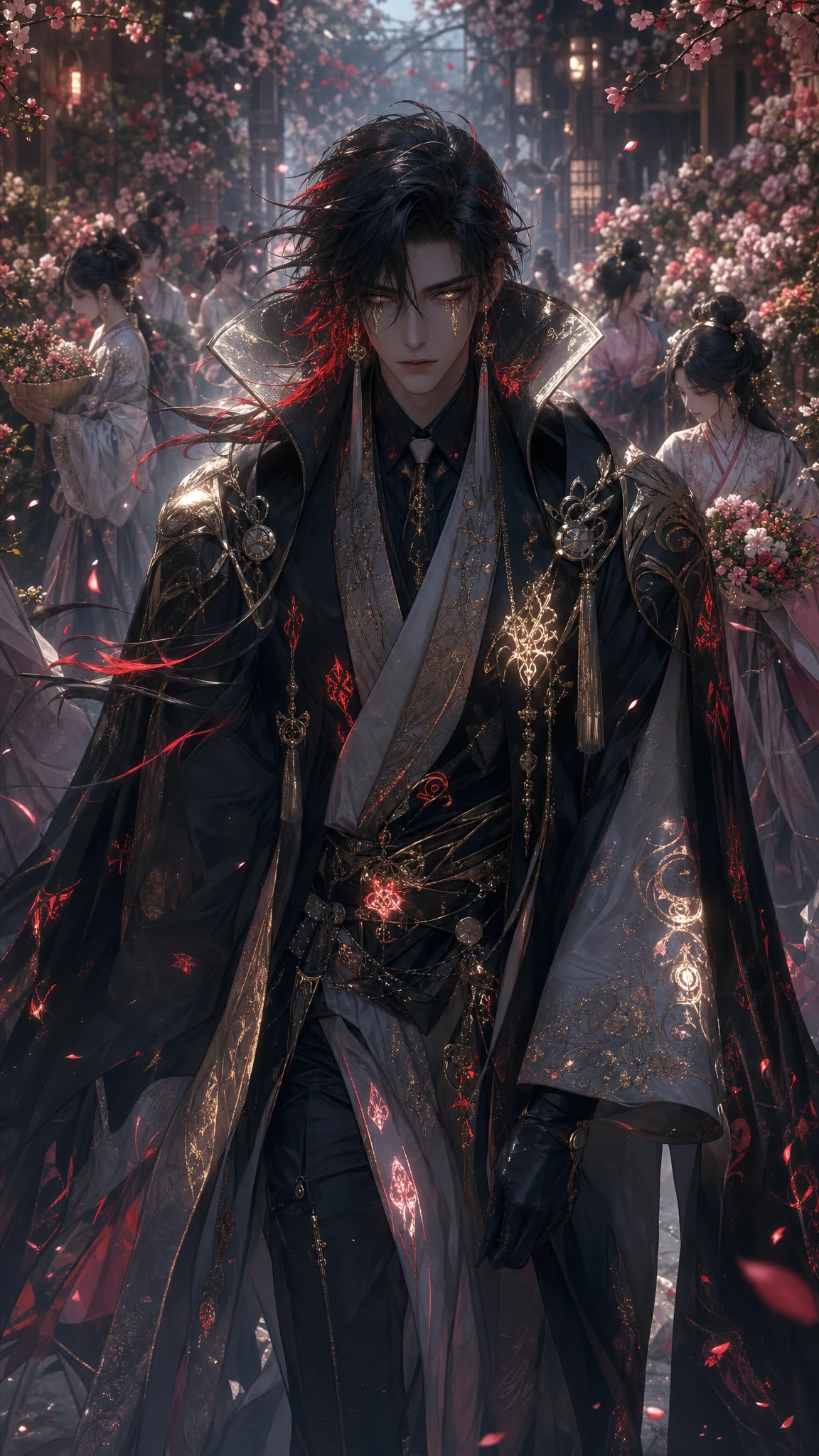Melancholic Anime Boy Walking Along A Floral Garden Path