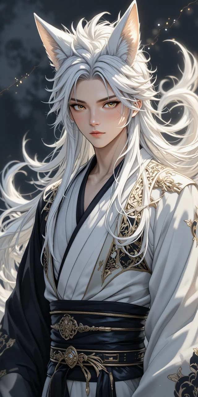 Homme esprit renard élégant en kimono moderne noir et blanc
