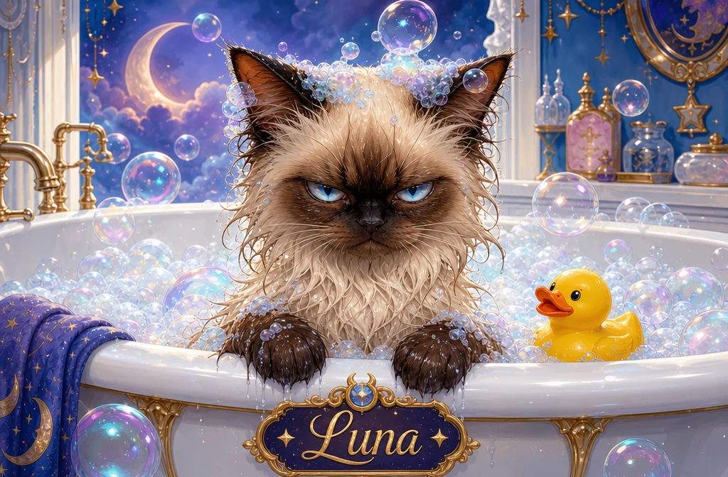 Filhote de gato Siamês emburrado em banheira cheia de espuma