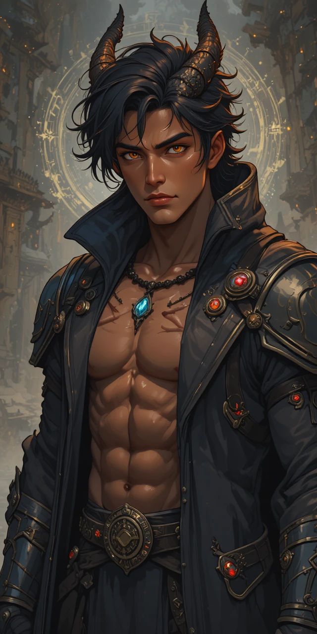 Guerrier musclé à cornes et aux yeux dorés, style anime