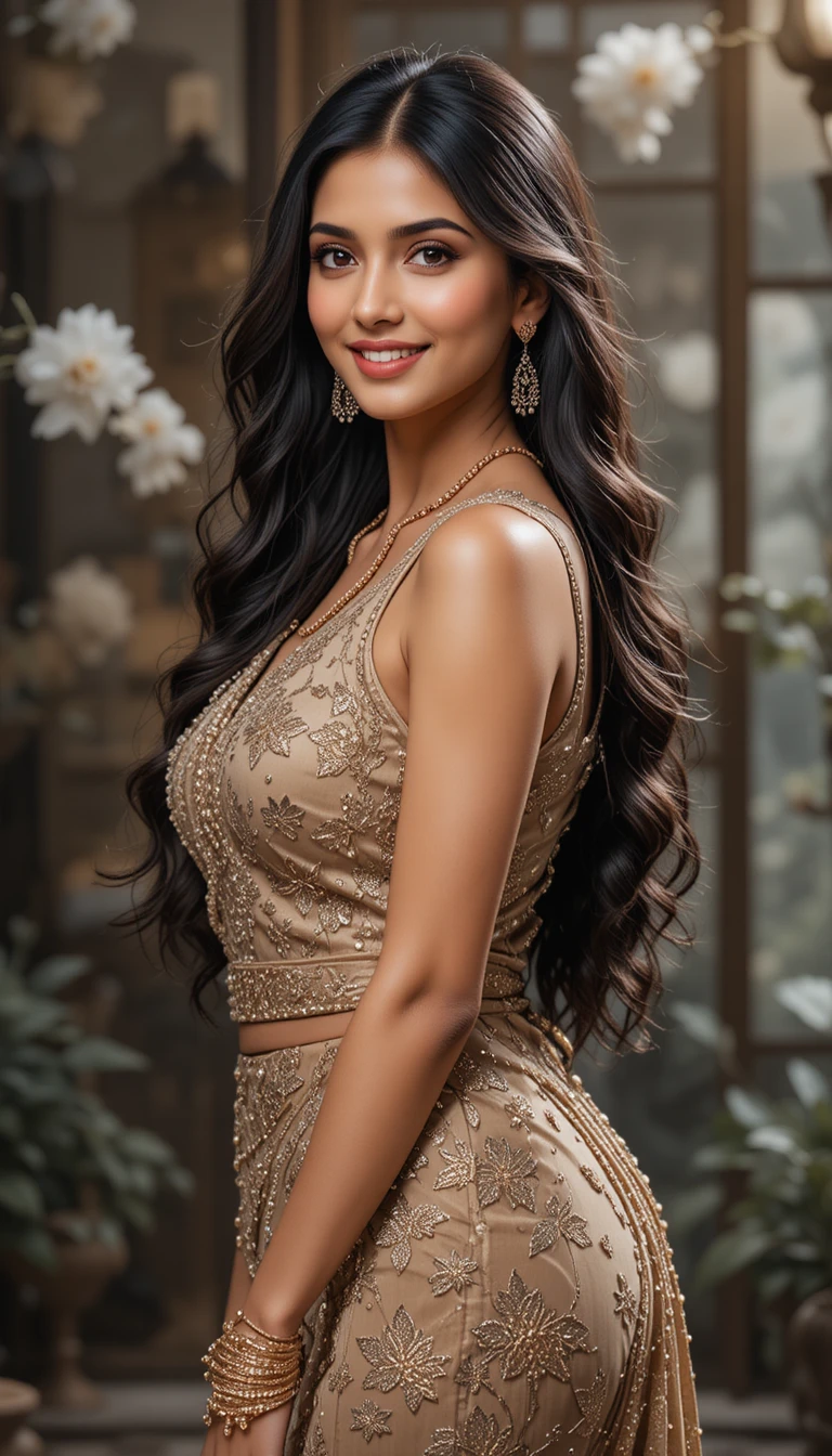 Elegante indische Frau, die in einem anmutigen traditionellen Outfit lächelt
