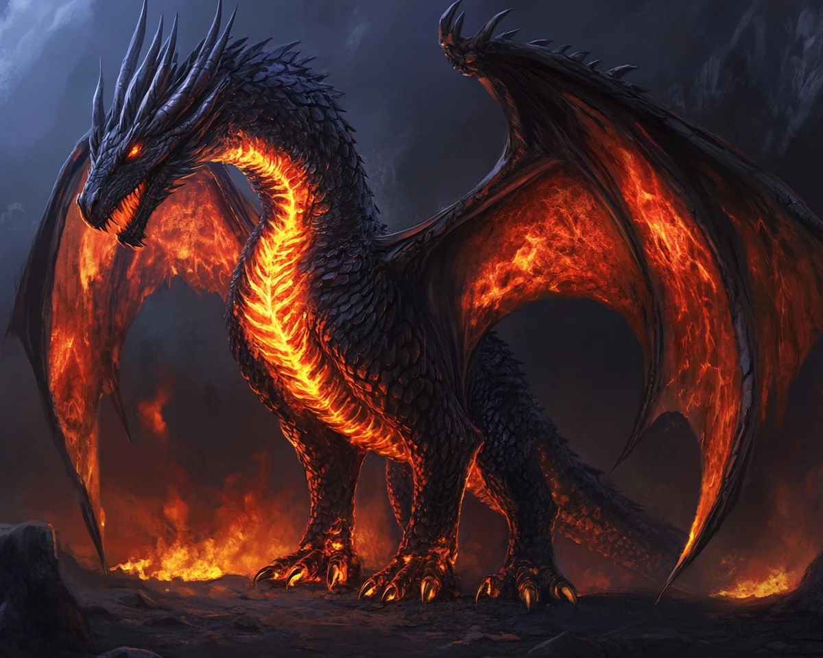 Drago nero con ali e petto di fuoco luminoso