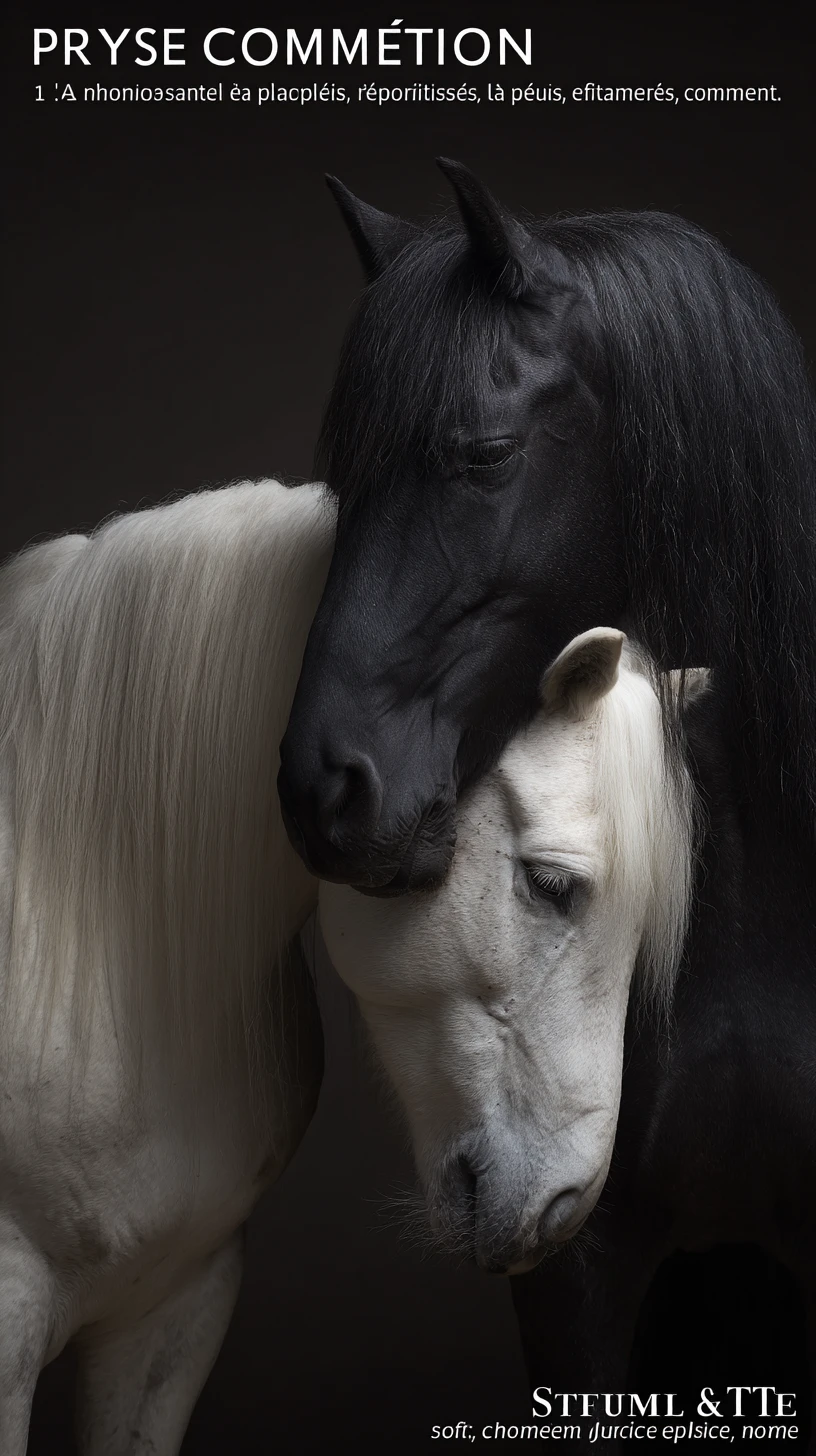 Retrato íntimo em close de cavalos preto e branco