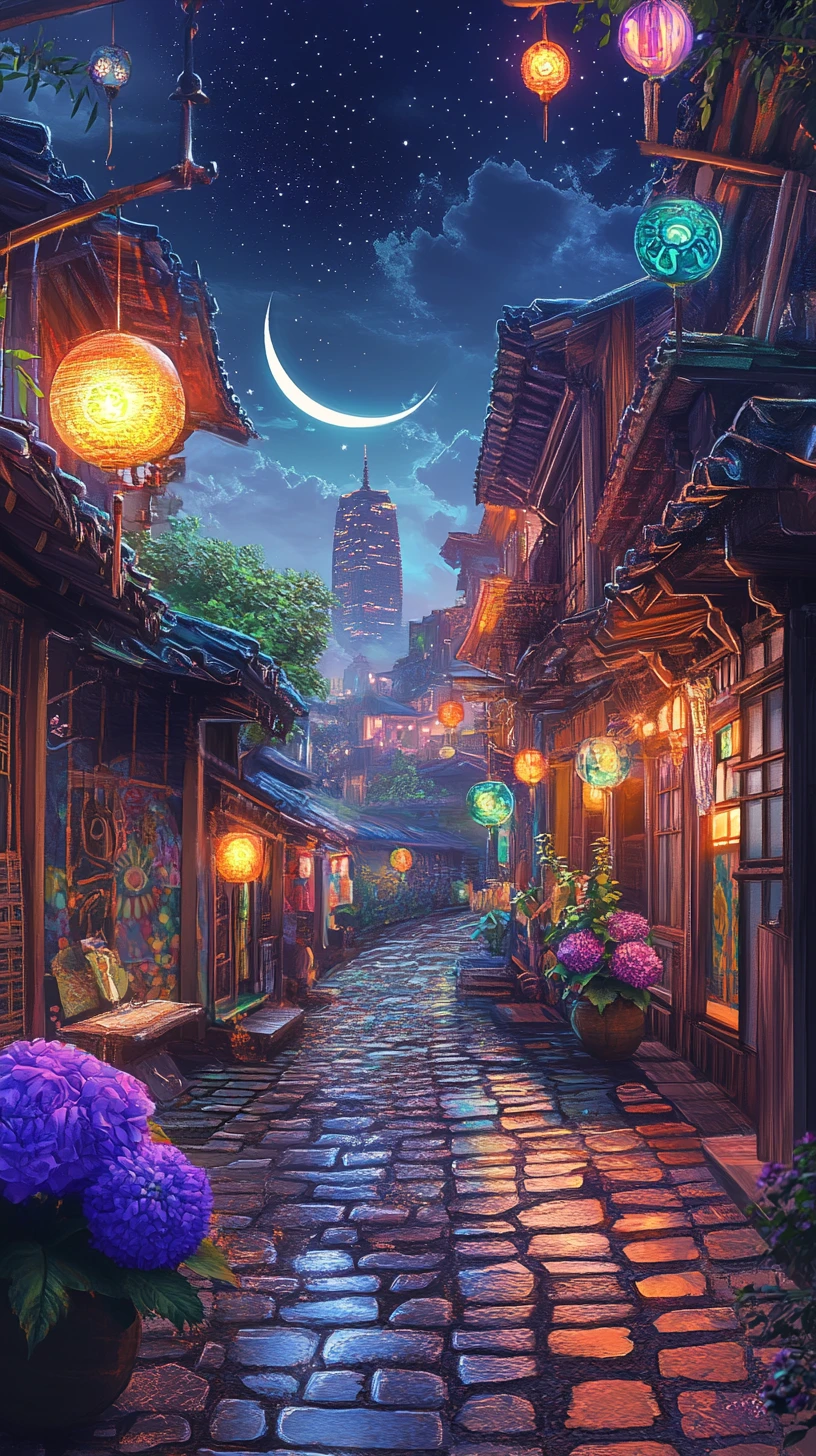 Beco iluminado por lanternas psicodélicas com arquitetura oriental ornamentada