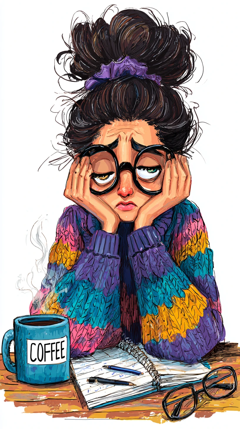 Mulher cansada com enorme coque e café à mesa