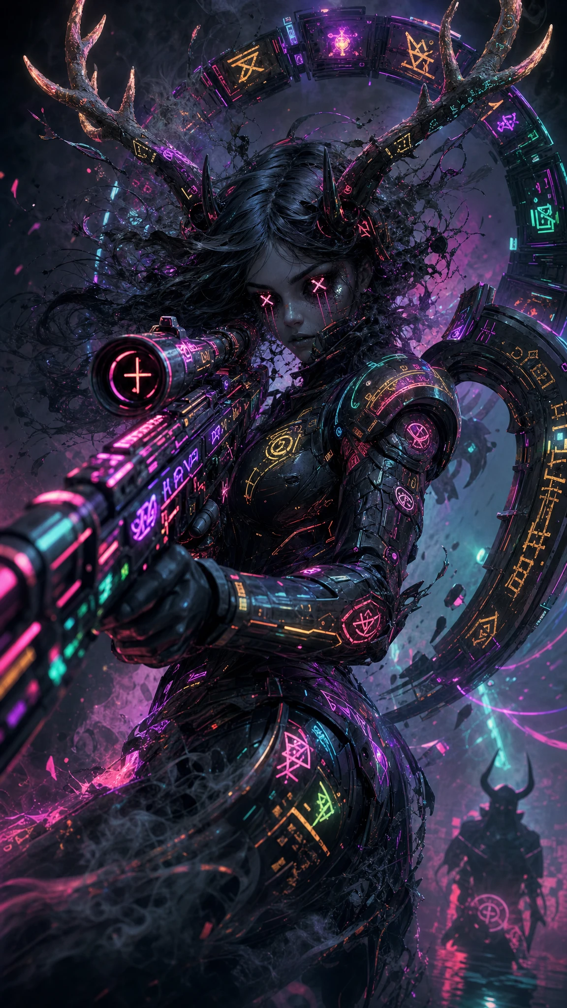 霓虹狙擊步槍與鹿角的賽博龐克女子
