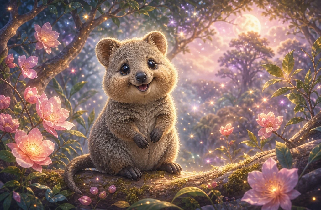 Dolce cucciolo di quokka su ramo luminoso in una foresta incantata