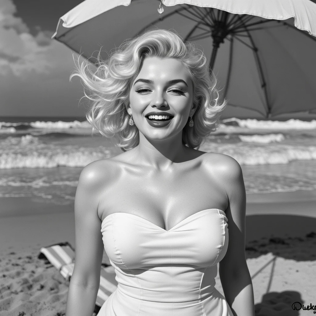 Lächelnde blonde Frau an einem windigen Strand der 1950er Jahre