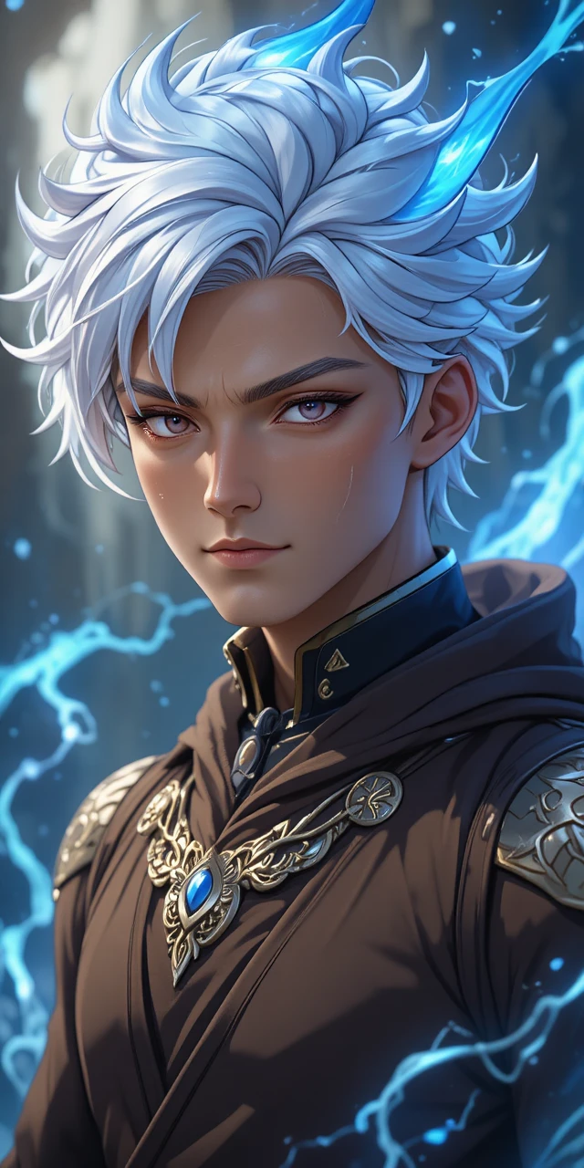 Homem eliátrope de anime com chifres brilhantes em túnica marrom