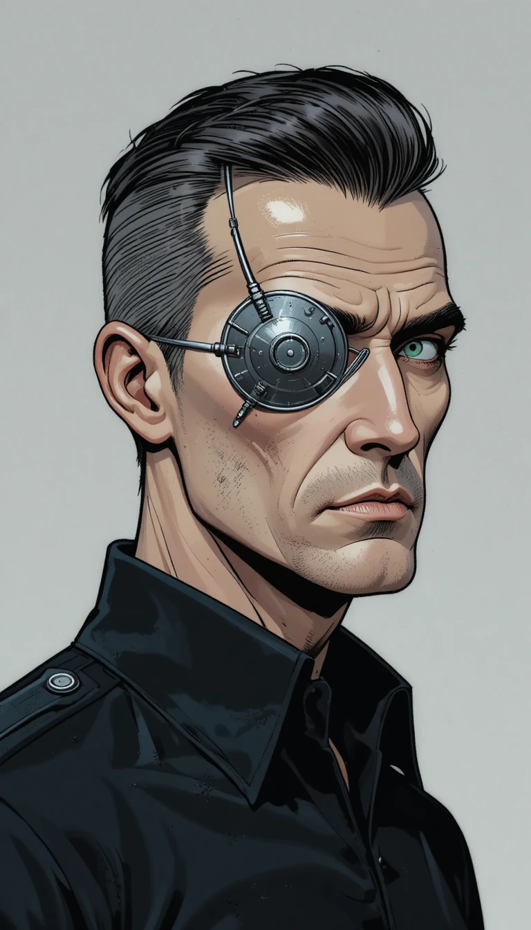 Homem mais velho sério com tapa-olho de metal em uniforme preto