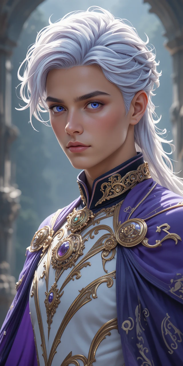 Homem eliatrope elegante em vestes de fantasia ornamentadas estilo anime