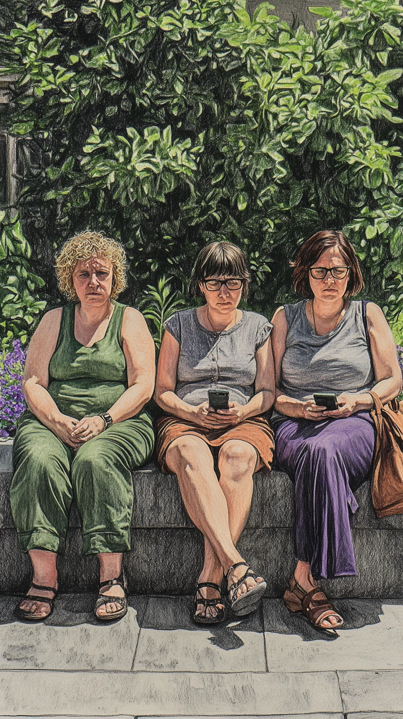 Tre donne sedute a riposare su una panchina di pietra in un parco urbano
