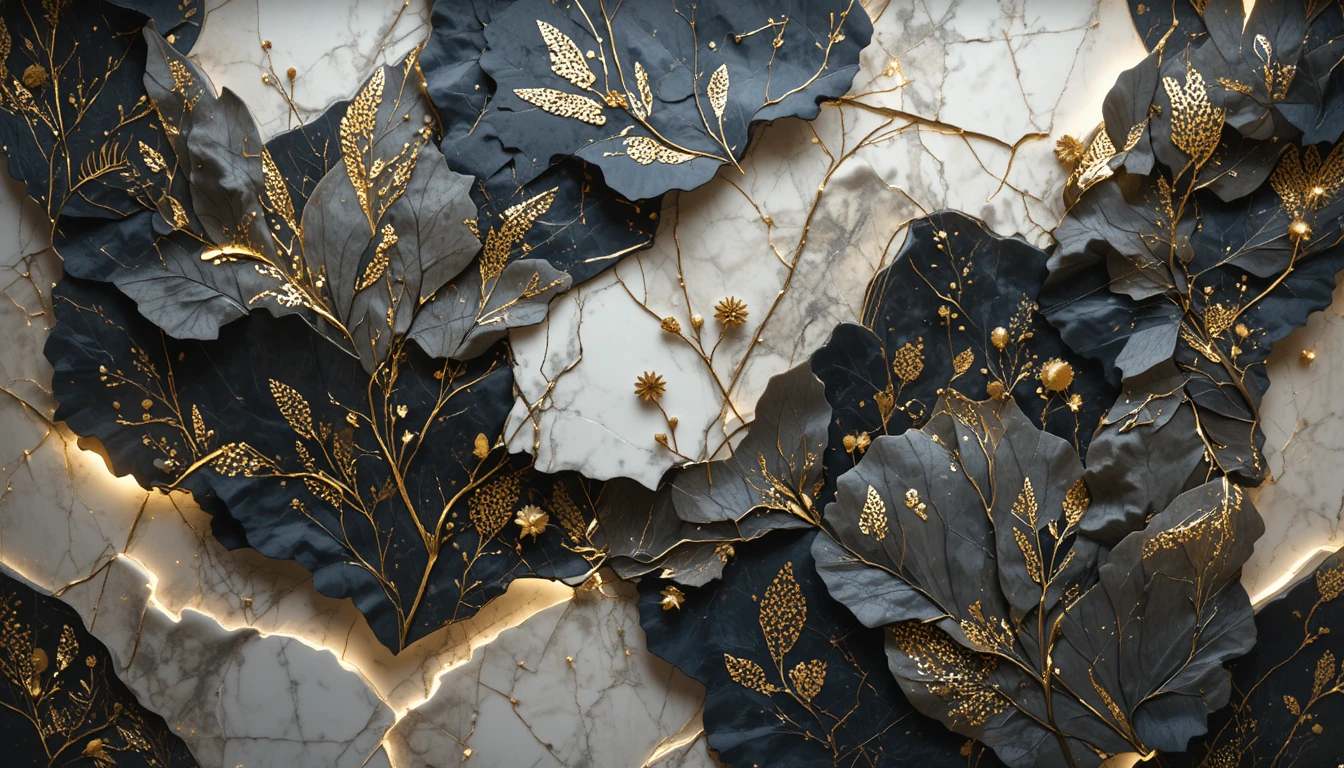 Feuilles dorées abstraites avec carreaux géométriques et lueur douce