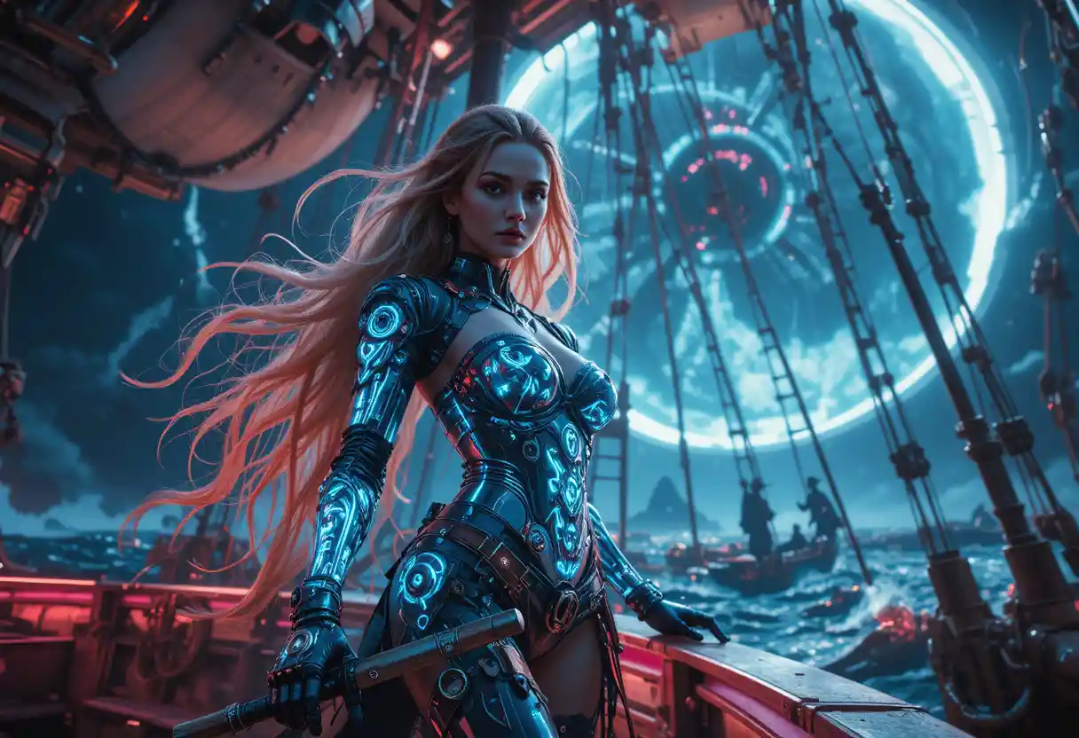 Cybernetic pirate princess on a neon biomechanical galleon