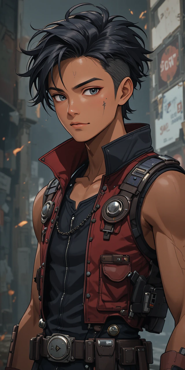 Jovem ladino de anime inteligente com roupa escura e gadgets
