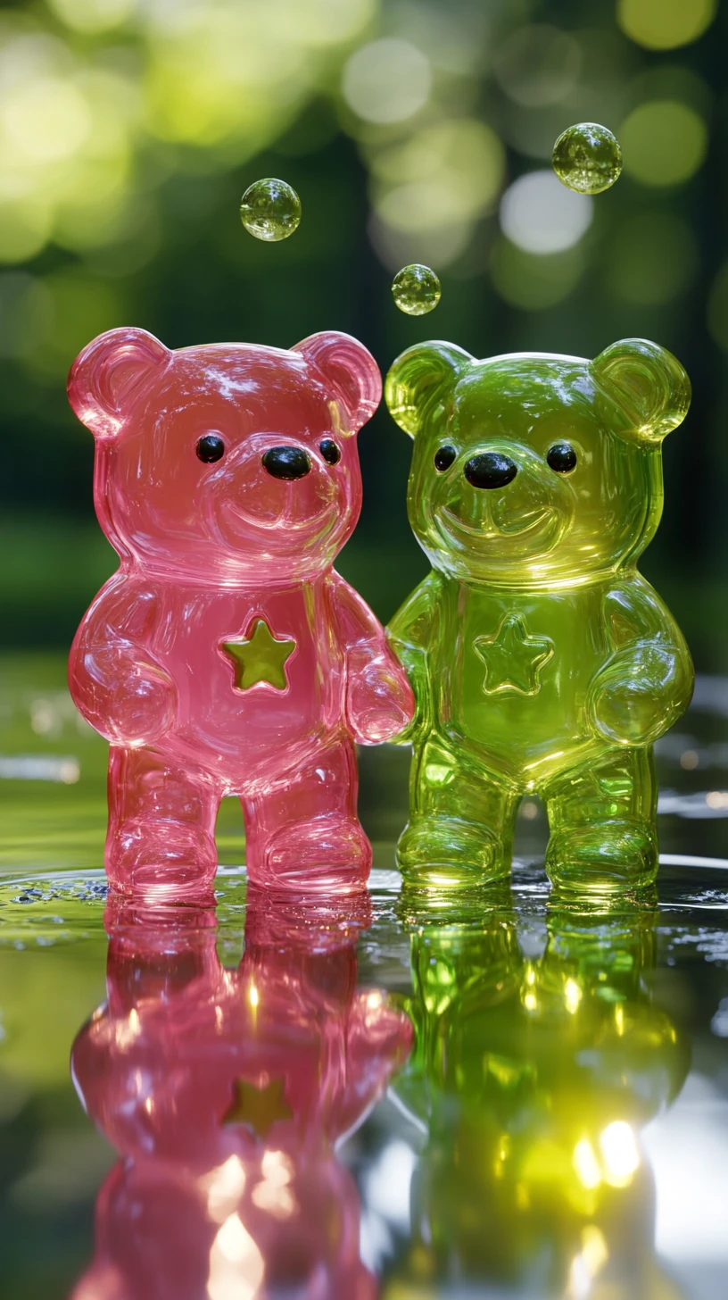 Deux oursons en gélatine lumineux se tenant la patte dans un bokeh de forêt