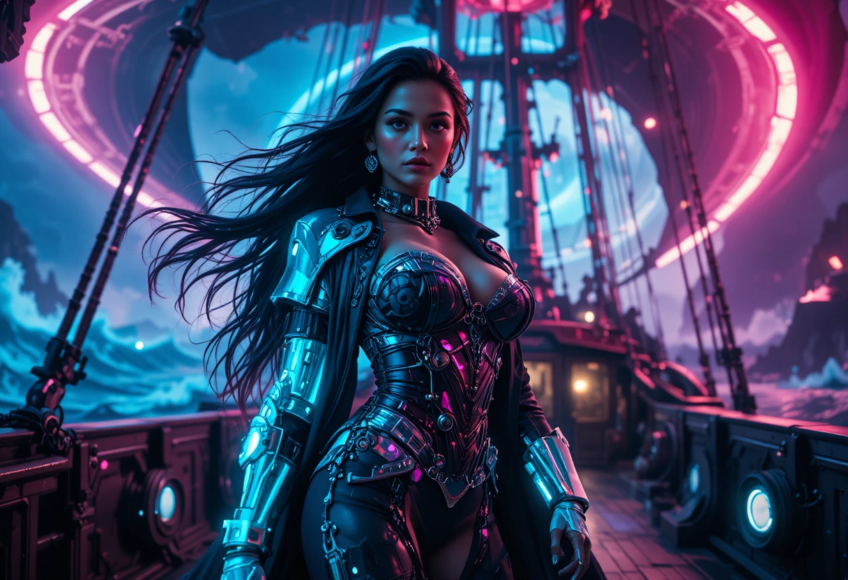 Principessa pirata cibernetica sul ponte di un galeone al neon in mare aperto
