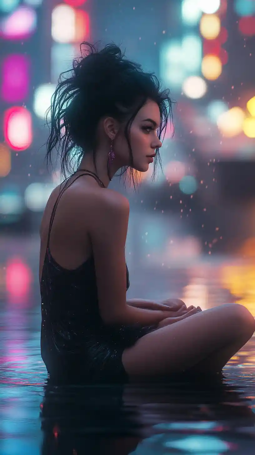 Femme méditant sur une plateforme en bois dans une ville cyberpunk néon