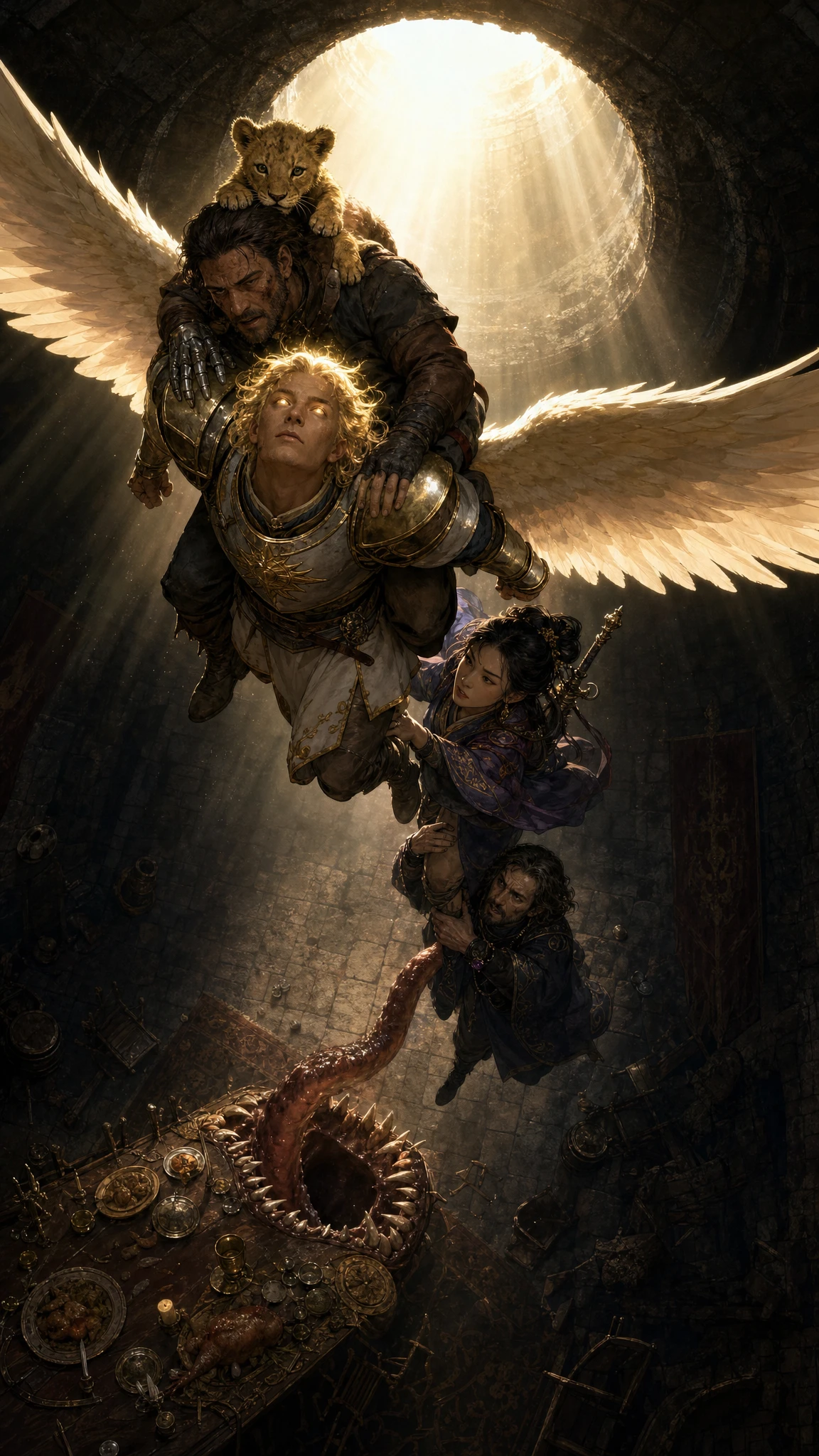 Paladin ailé portant ses compagnons vers une ouverture baignée de soleil
