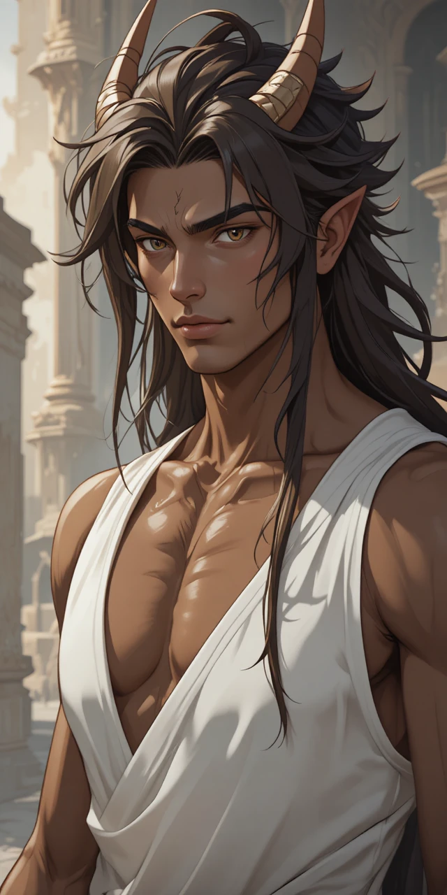 Hombre de fantasía estilo anime con cuernos de dragón y túnica blanca