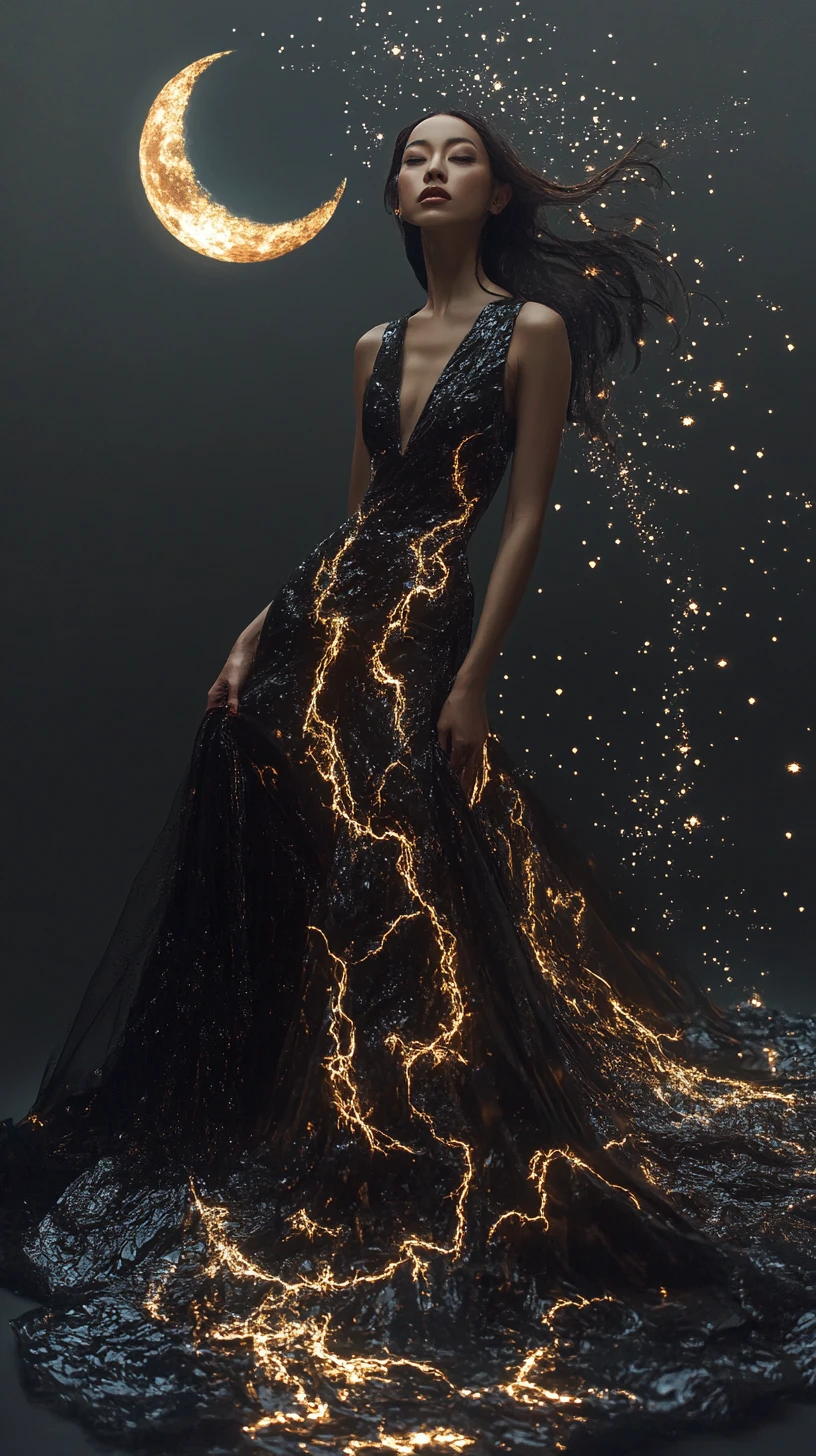 Donna in abito nero con motivi dorati luminosi e luna